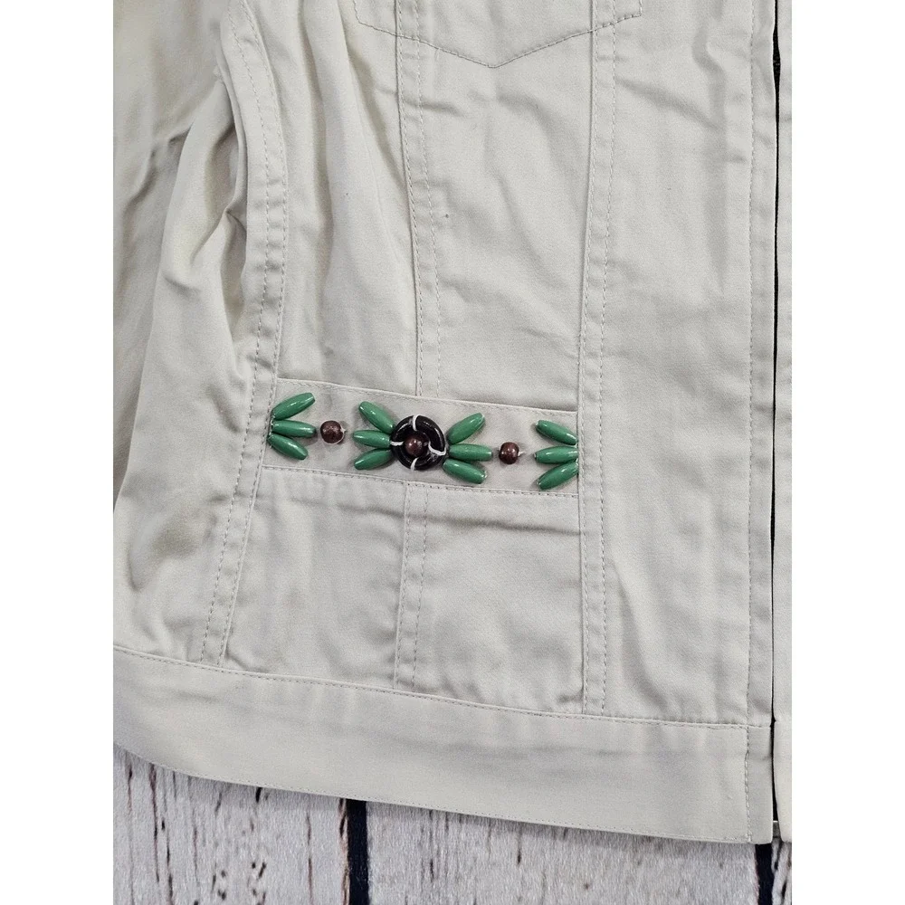 Ruby Rd Jacket Womens 10P Cement Solid Beaded Neck Full Zip Cotton‎ Blend 27330